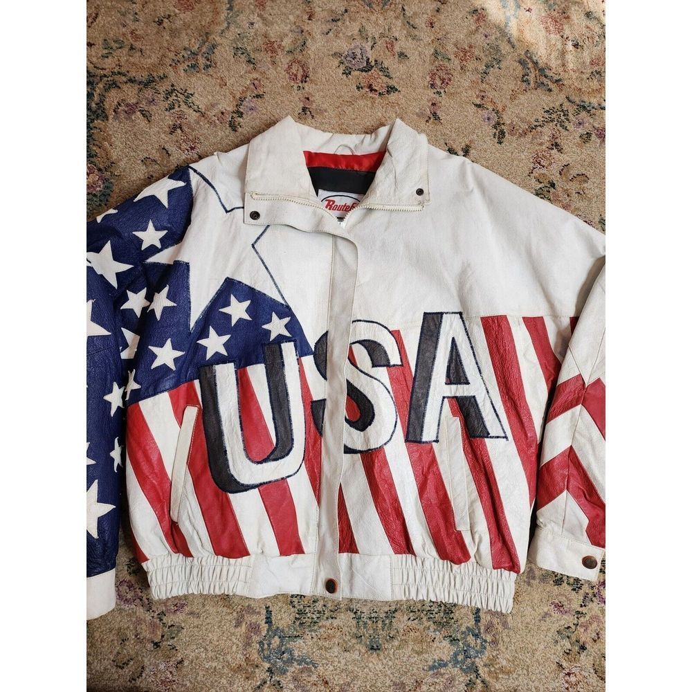 Americana Male Route 66 USA Flag Bomber Jacket - Red, White, Blue